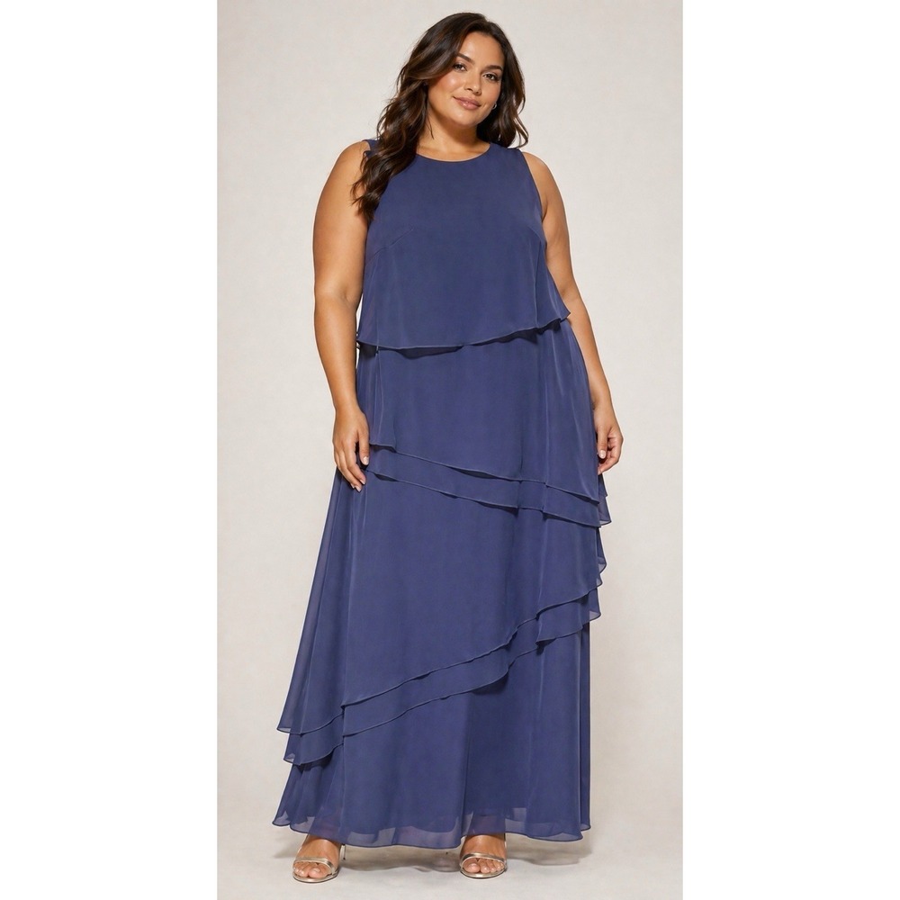 Boutique Slate Blue Chiffon Tier Maxi Dress Formal Wedding - Mother of Bride 16W